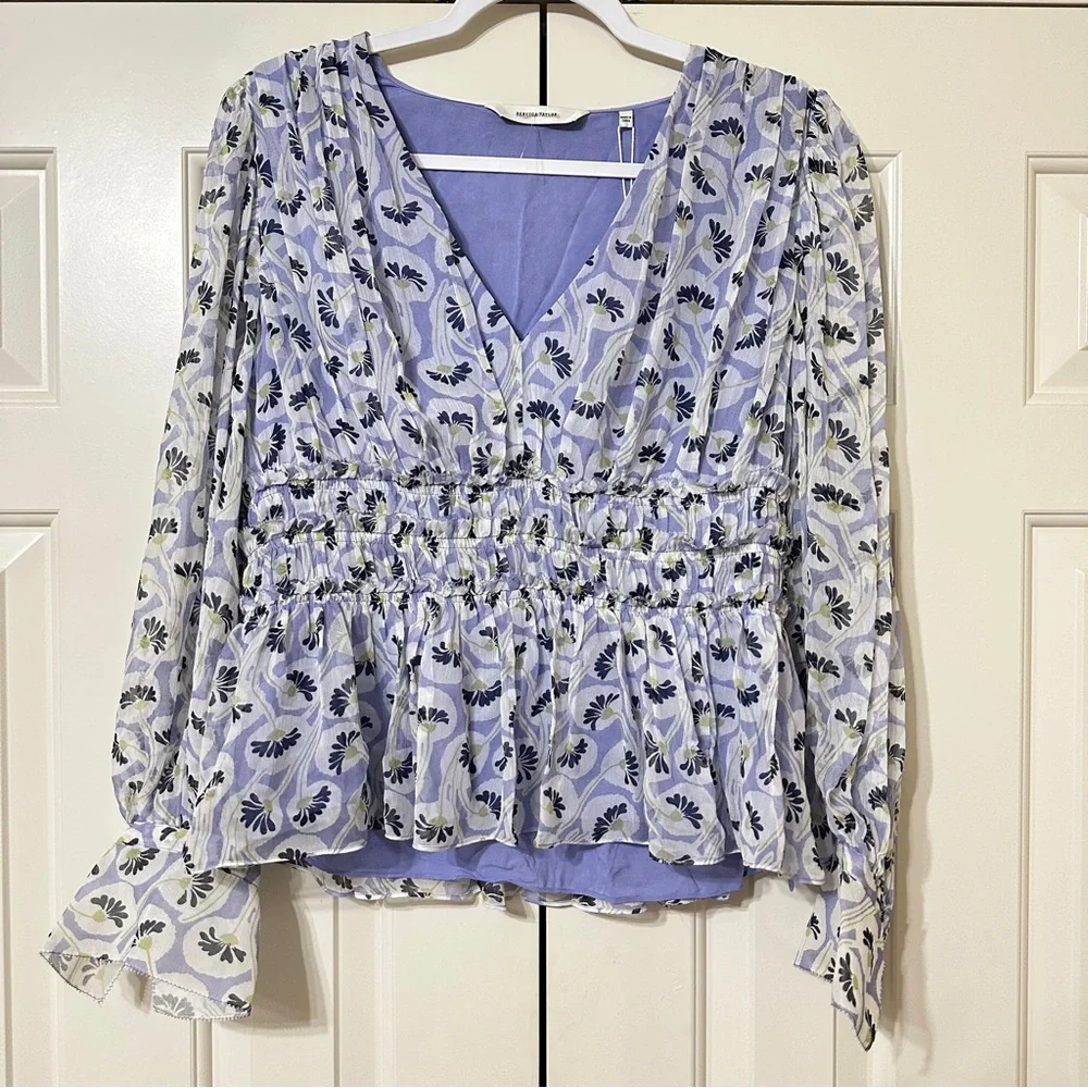 NWT Rebecca Taylor Deco Floral Print Silk Blouse Fleur Aster Ruffle Peplum Sz 8 - Picture 4 of 13